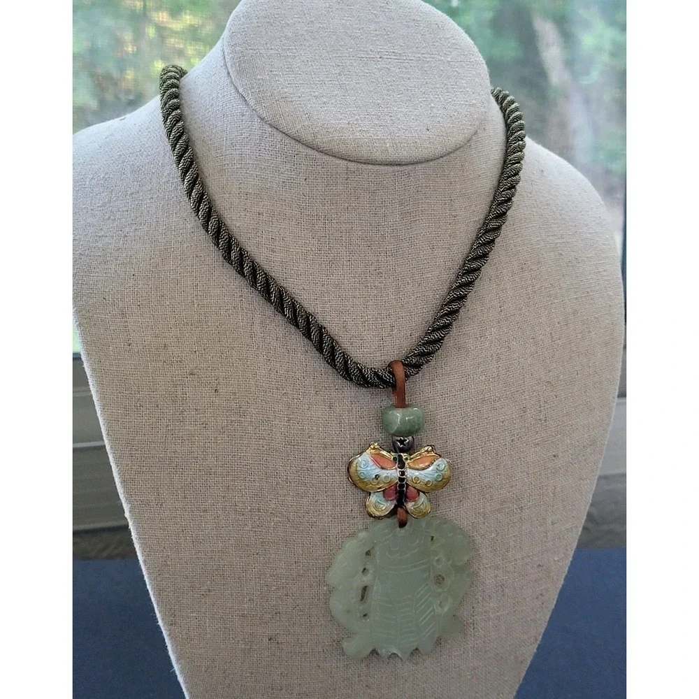 Vintage Chinese Carved Jade Cicada Pendant Cloisonne Butterfly Silk Cord